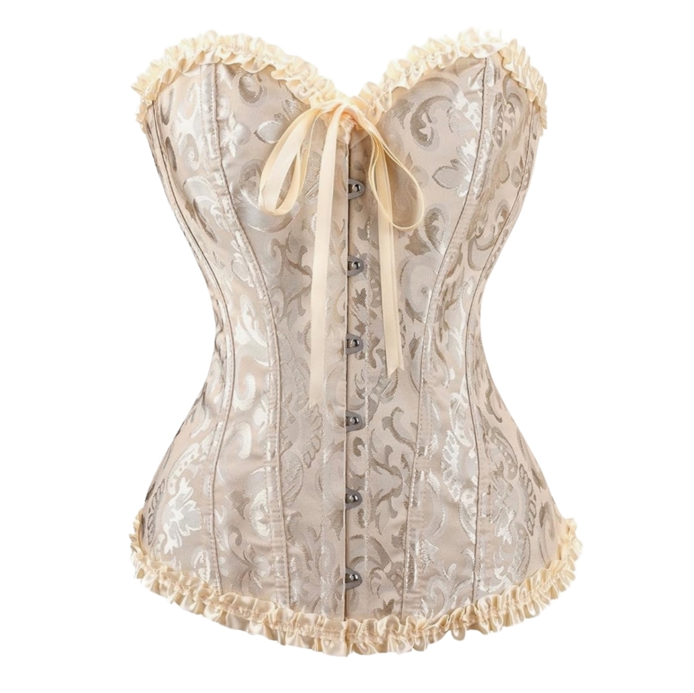 Corset Bustier Shapewear Lingerie Lace Tied Top Cream Satin Ruffle Trim Size M